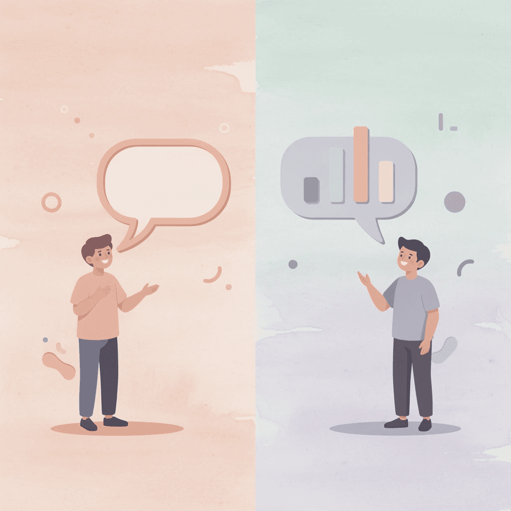 Split scene showing traditional studying versus active conversation practice