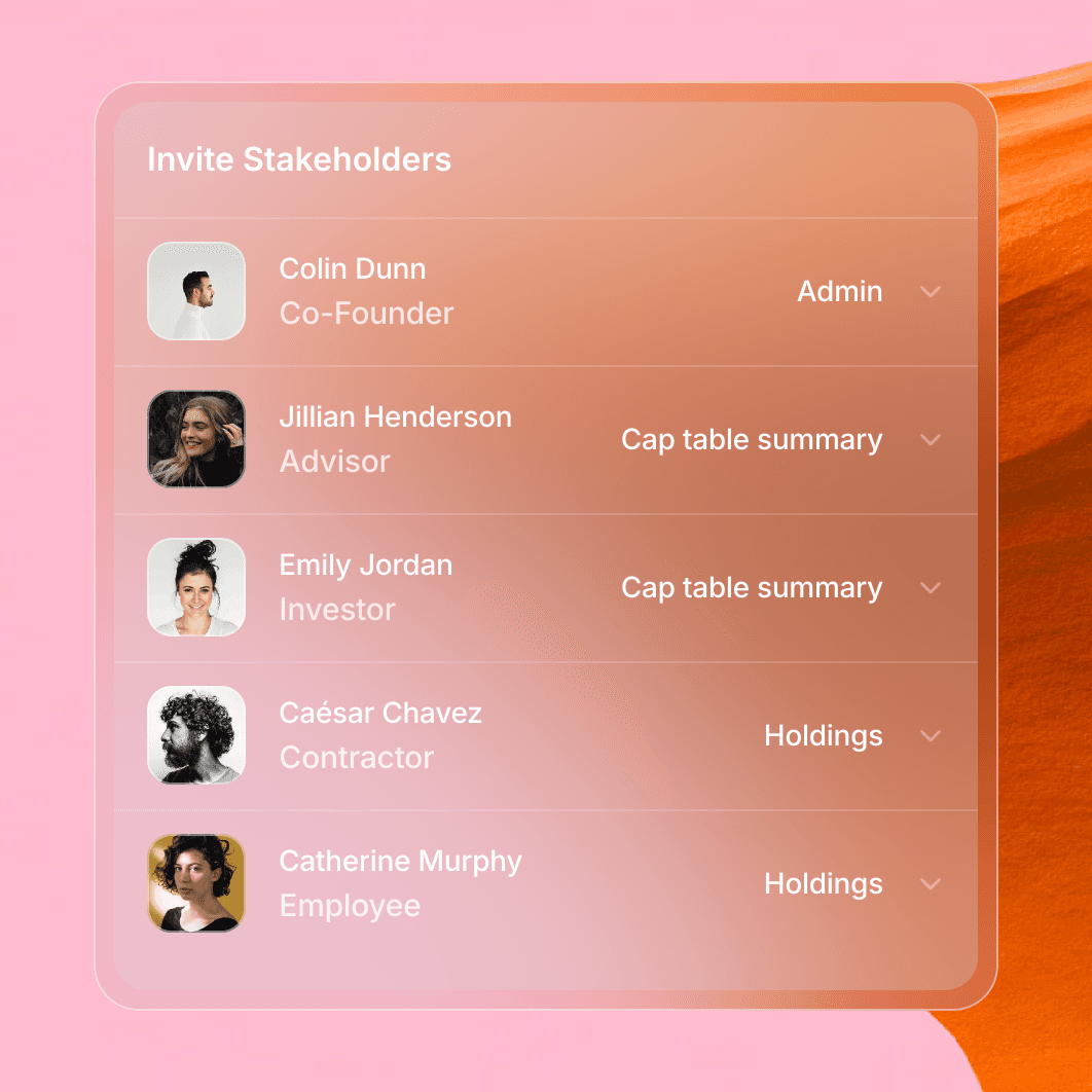 The image is a pink and orange UI panel titled "Invite Stakeholders," listing five stakeholders with roles such as Co-Founder and Investor.