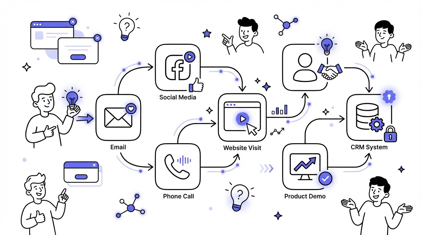An infographic flow chart illustrating a multichannel sales sequence. It features minimalist icons for email, social media, phone calls, website visits, in-person meetings, product demos, and CRM systems, connected by lines showing the customer journey progression in a modern, tech-focused style.