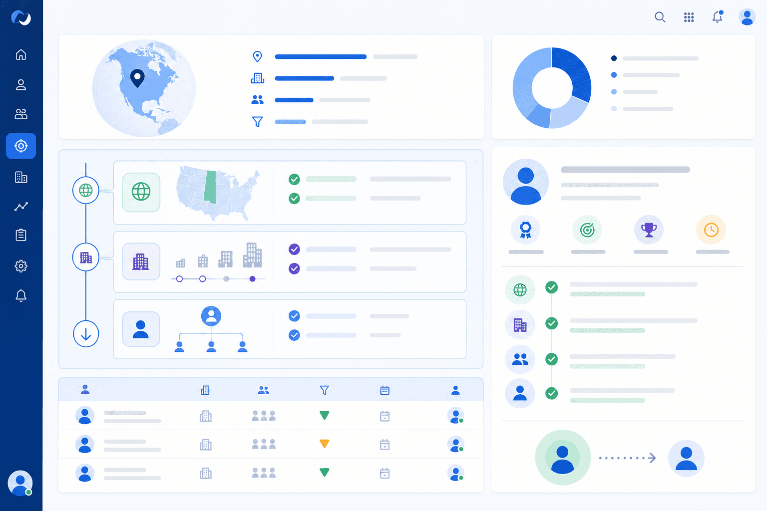 A clean, modern CRM dashboard interface showing transparent lead assignment details with clear visual hierarchy, displaying routing logic criteria like territory mapping, company size filters, and assignment rules in an organized layout, professional business software aesthetic with blue and white color scheme, minimalist design showing data fields and assignment reasoning