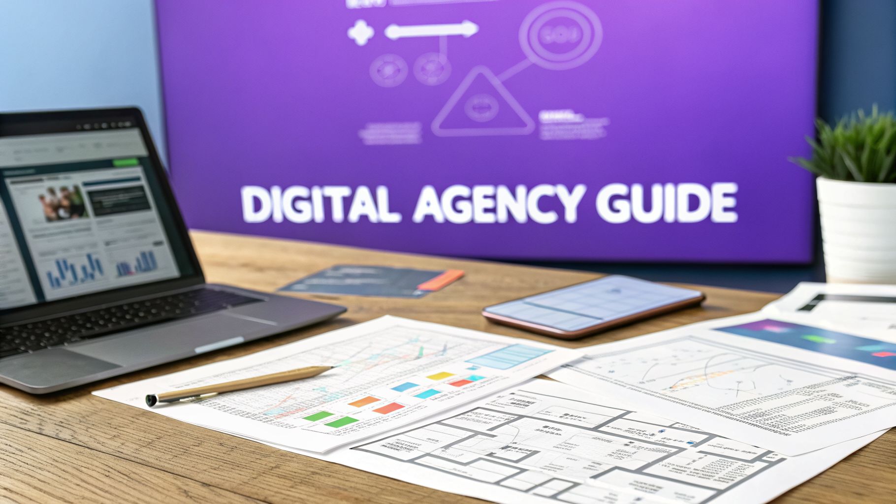 a cluttered desk with a purple screen in the background with text 'digital agency guide'