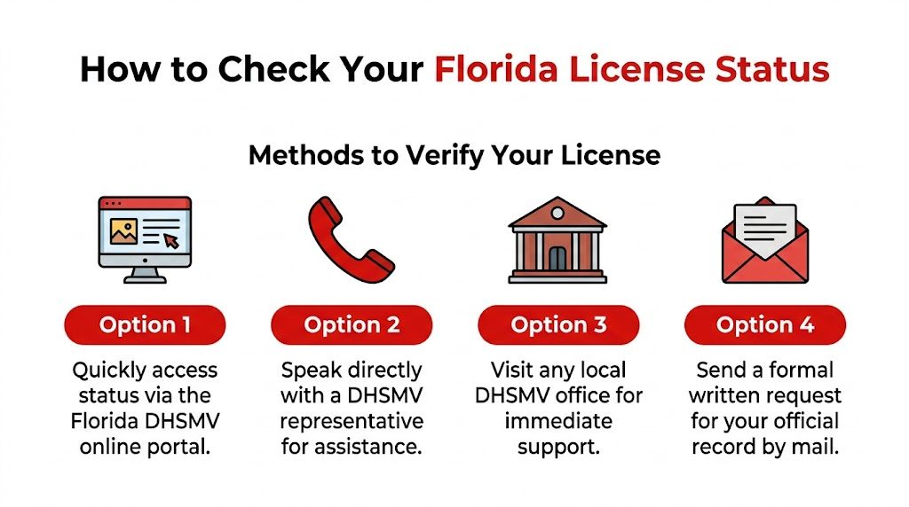An infographic showing four methods to verify your Florida driver license status: online, phone, office, or mail.