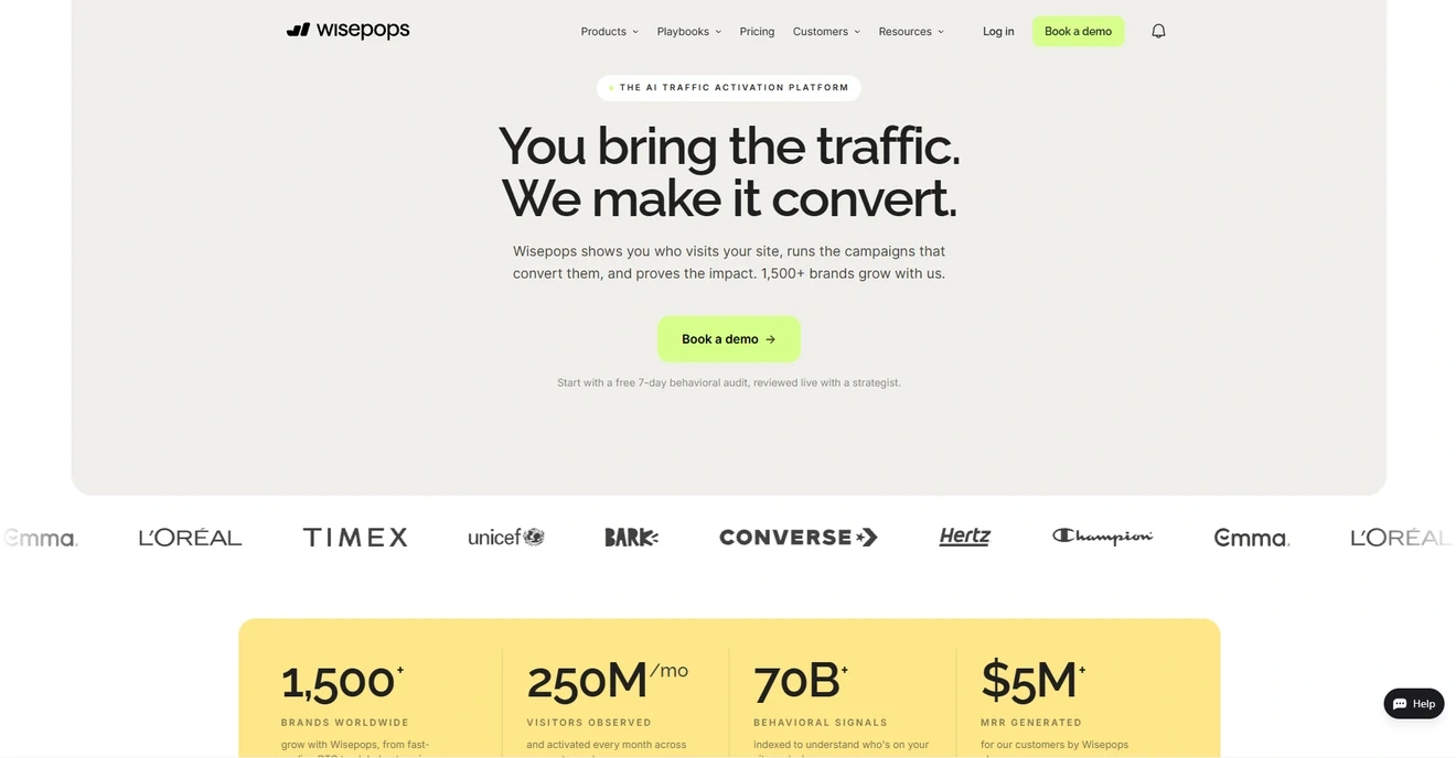 Wisepops homepage showing popups, AI recommendations, onsite feed, web push, and experiments.