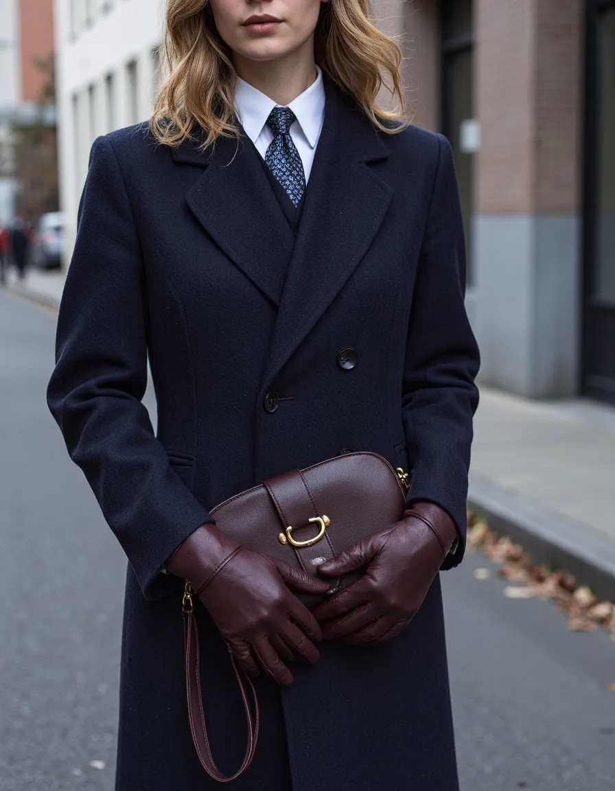 Woman in navy coat and burgundy gloves holding leather bag on city street, professional fashion photography