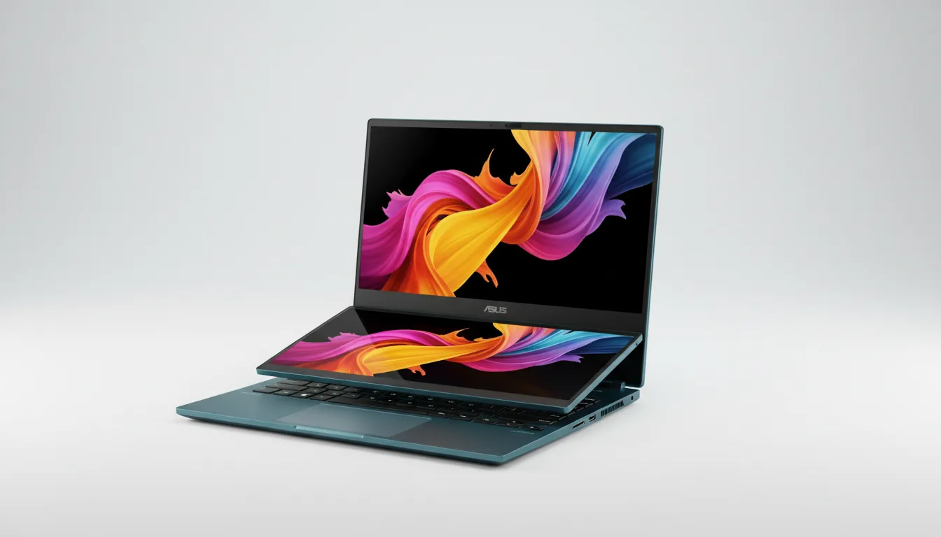 DSLR product photography of a modern dual-screen laptop, resembling an ASUS ZenBook Duo, centered and perfectly angled towards the camera on a seamless white studio background. The laptop's chassis is a sophisticated dark metallic teal. The main screen is illuminated with a vibrant abstract digital painting of swirling, thick ribbons of magenta, yellow, orange, and cyan against a black backdrop. A secondary, wider screen is visible above the teal keyboard. The entire device is in sharp focus, captured with clean, soft studio lighting highlighting the sleek design and thin bezels.