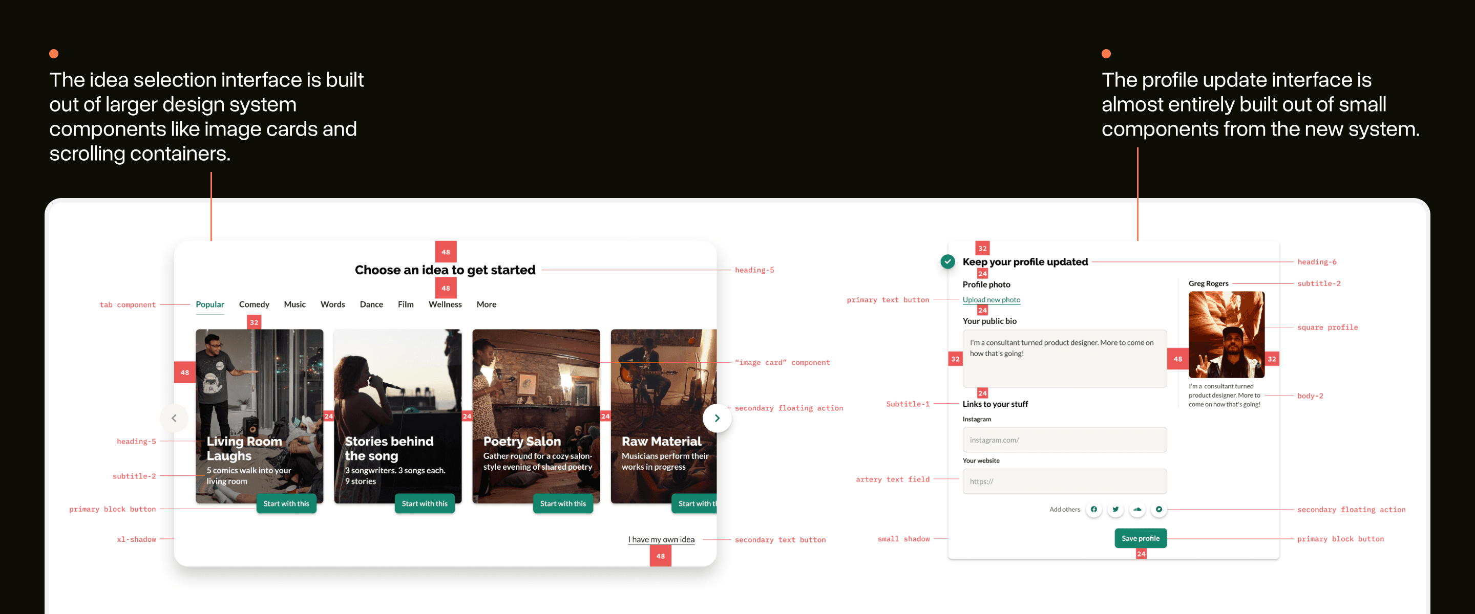 A selection of images showing how the design tokens and components combined in final designs, producing consistent layouts and look/feel across the platform.