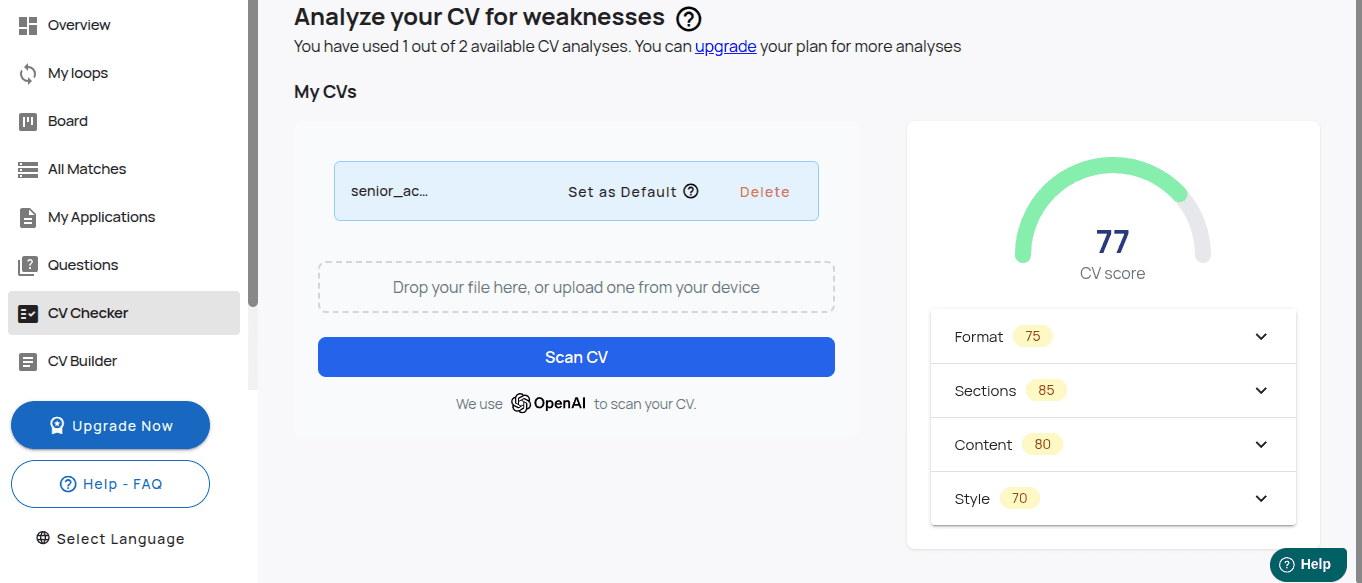 LoopCV CV Checker scoring a resume 77 out of 100 with format, sections, content and style breakdown