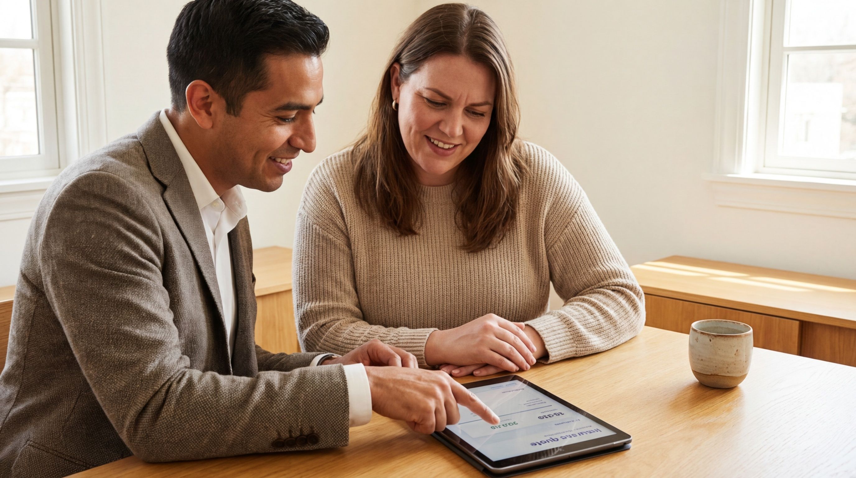 Un hombre y una mujer sonríen mientras revisan una cotización de seguro en una tableta.
