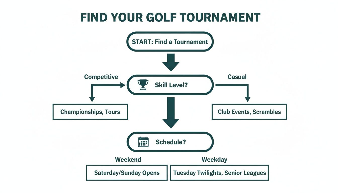 Flowchart guiding users to find a golf tournament based on skill level and schedule preferences.