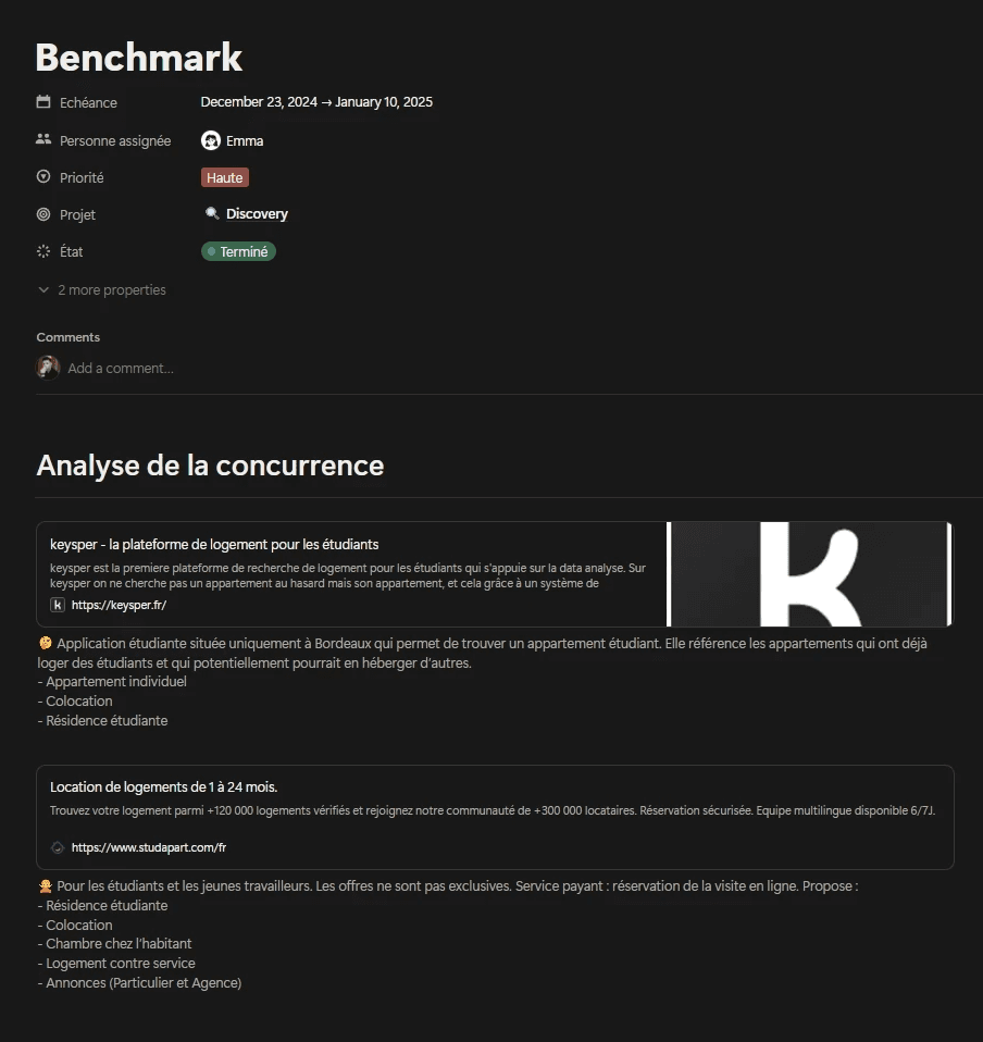 Une base de connaissance, relatant divers concurrents de l'application Studyhome, réalisée sur le logiciel Notion.