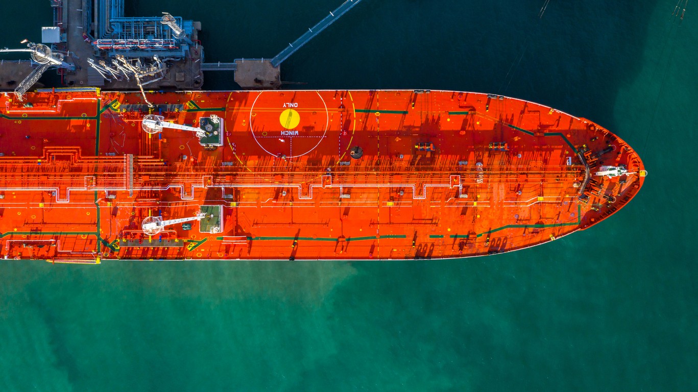 Overhead view of an energy utility ship with an orange deck