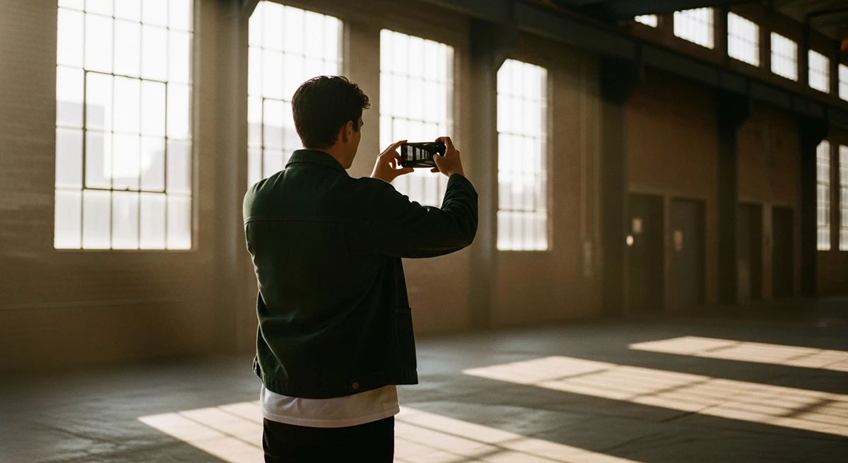 Young man in dark green jacket photographing sunlit industrial warehouse interior on smartphone, natural window light casting geometric shadows on concrete floor