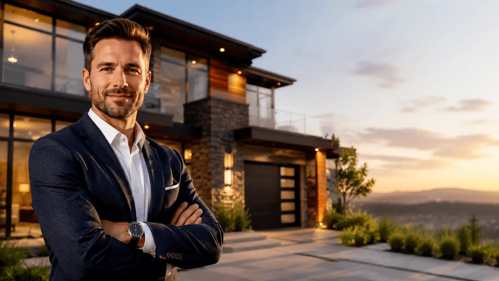 A high-contrast real estate YouTube thumbnail example showing a real estate agent in front of a luxury home with bold text overlay.