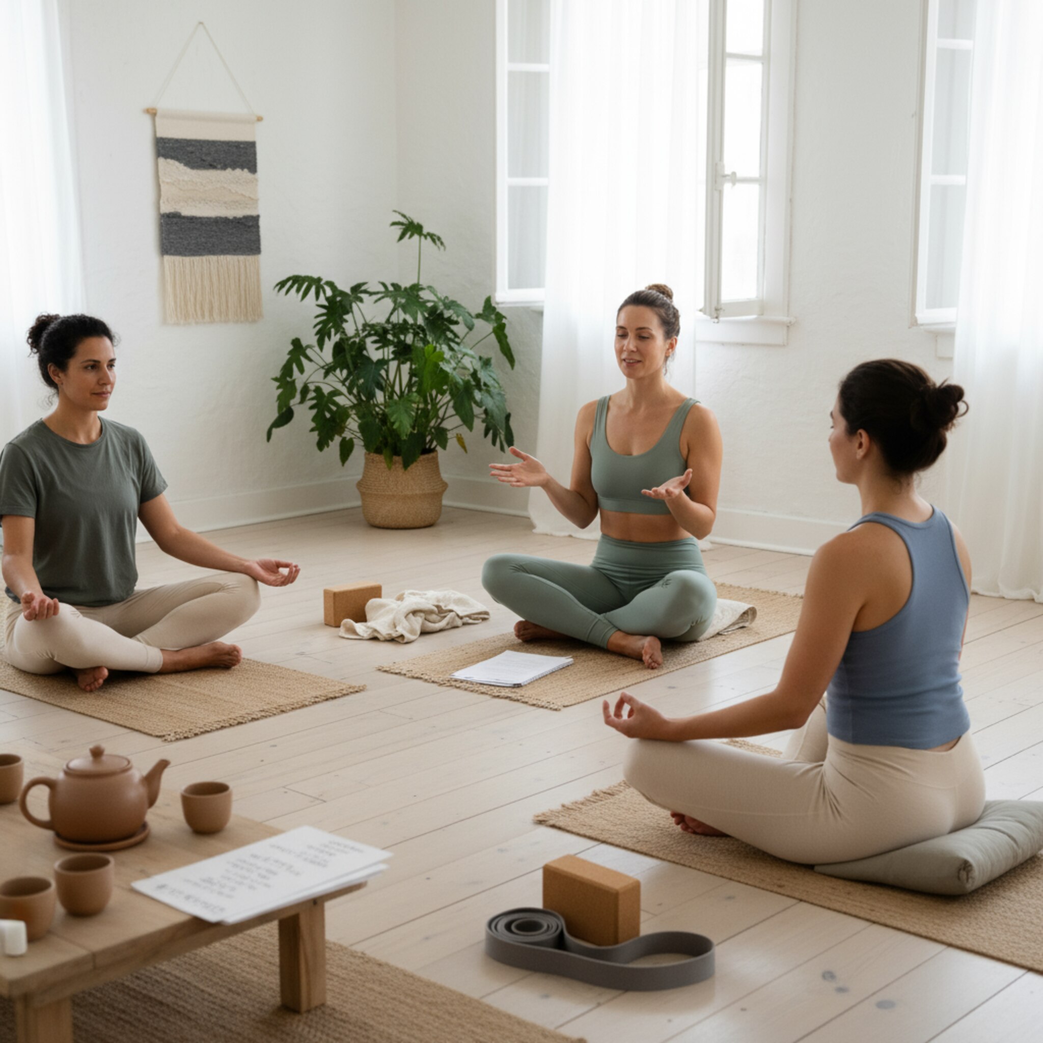 Wochenend-Workshop, Teilnehmer sitzen im Meditationskreis, Kursmaterialien und Tee-Setup, freundliche Trainerin erklärt, realistisches Foto