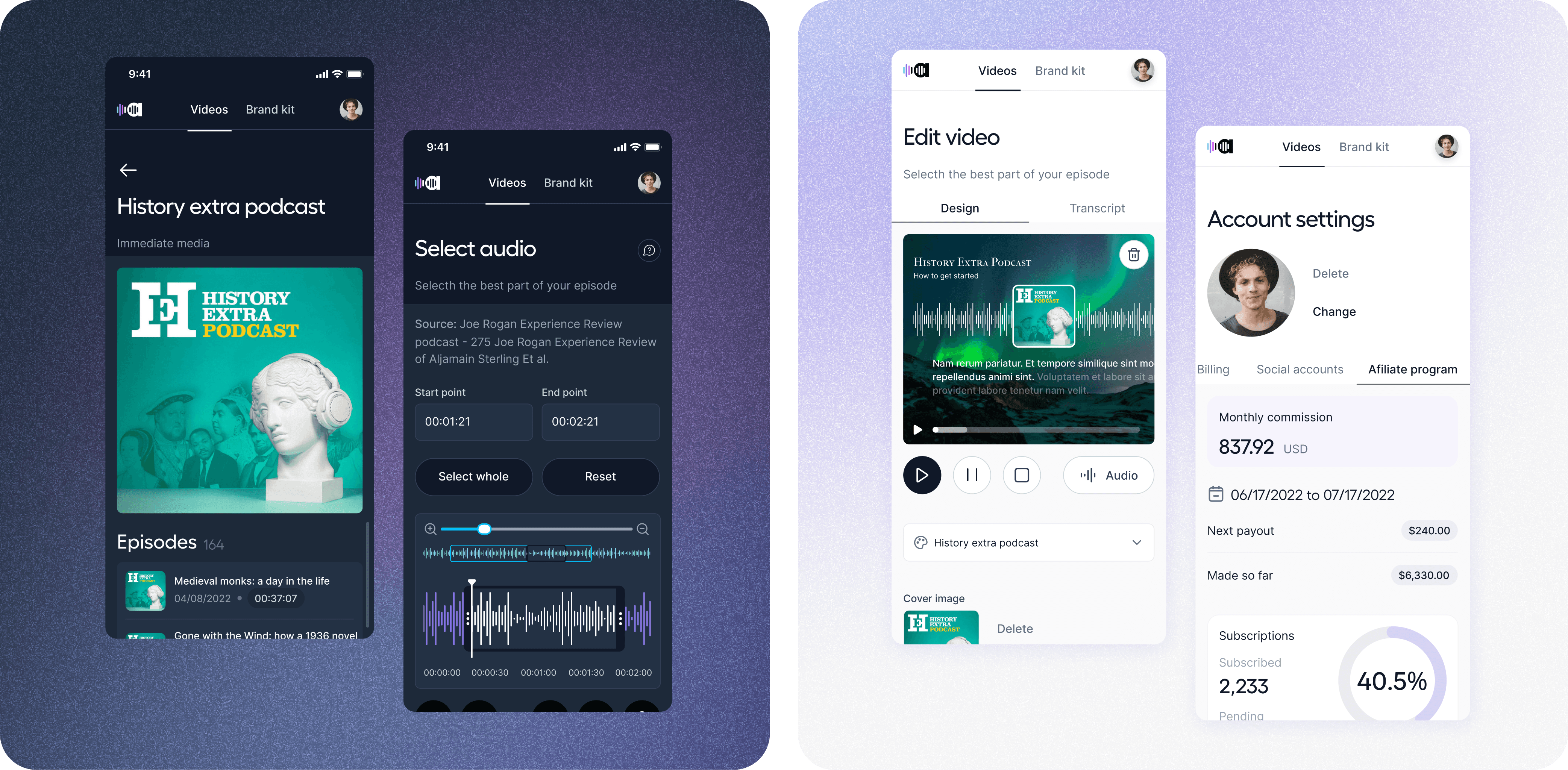 Two screens from the Audiotease app showcasing podcast management. The left screen displays the 'History Extra Podcast' with a cover image of a classical statue and episode details, including titles and durations. The right screen shows the 'Select audio' interface, allowing users to choose a segment of their episode. It includes start and end point selectors, a waveform visualizer, and options to select the whole segment or reset the selection. Both screens feature a dark theme with blue and purple accents.