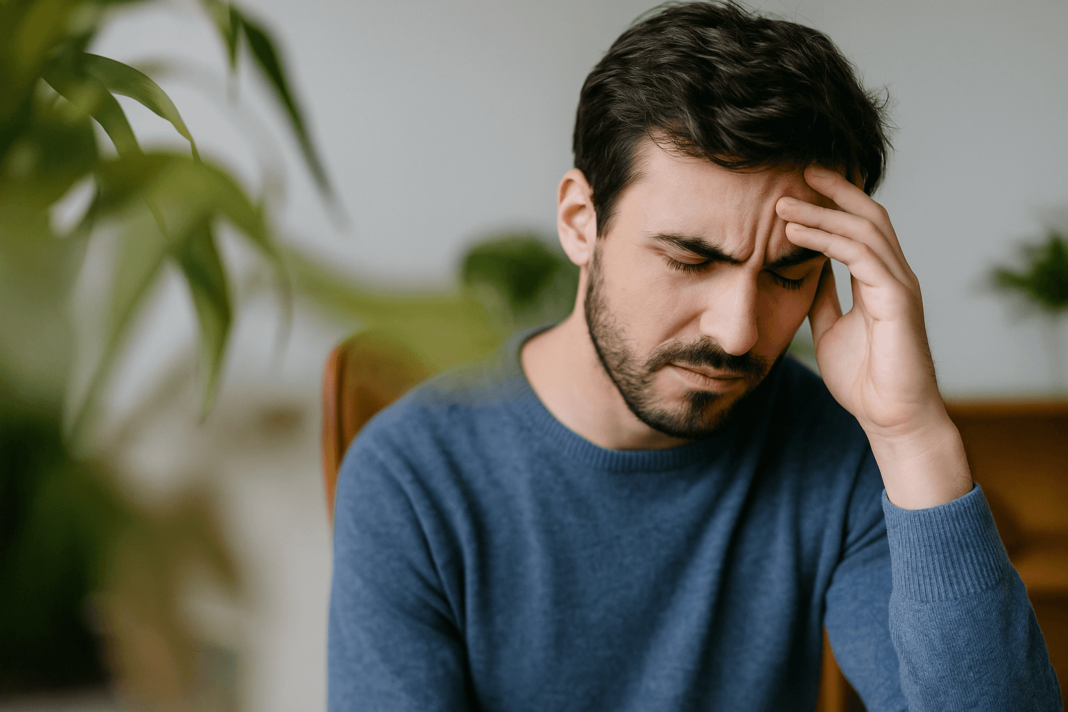 Persona en un entorno cotidiano con un aire reflexivo y un poco sobrecargado, transmitiendo la sensación de agotamiento emocional o tensión mental.