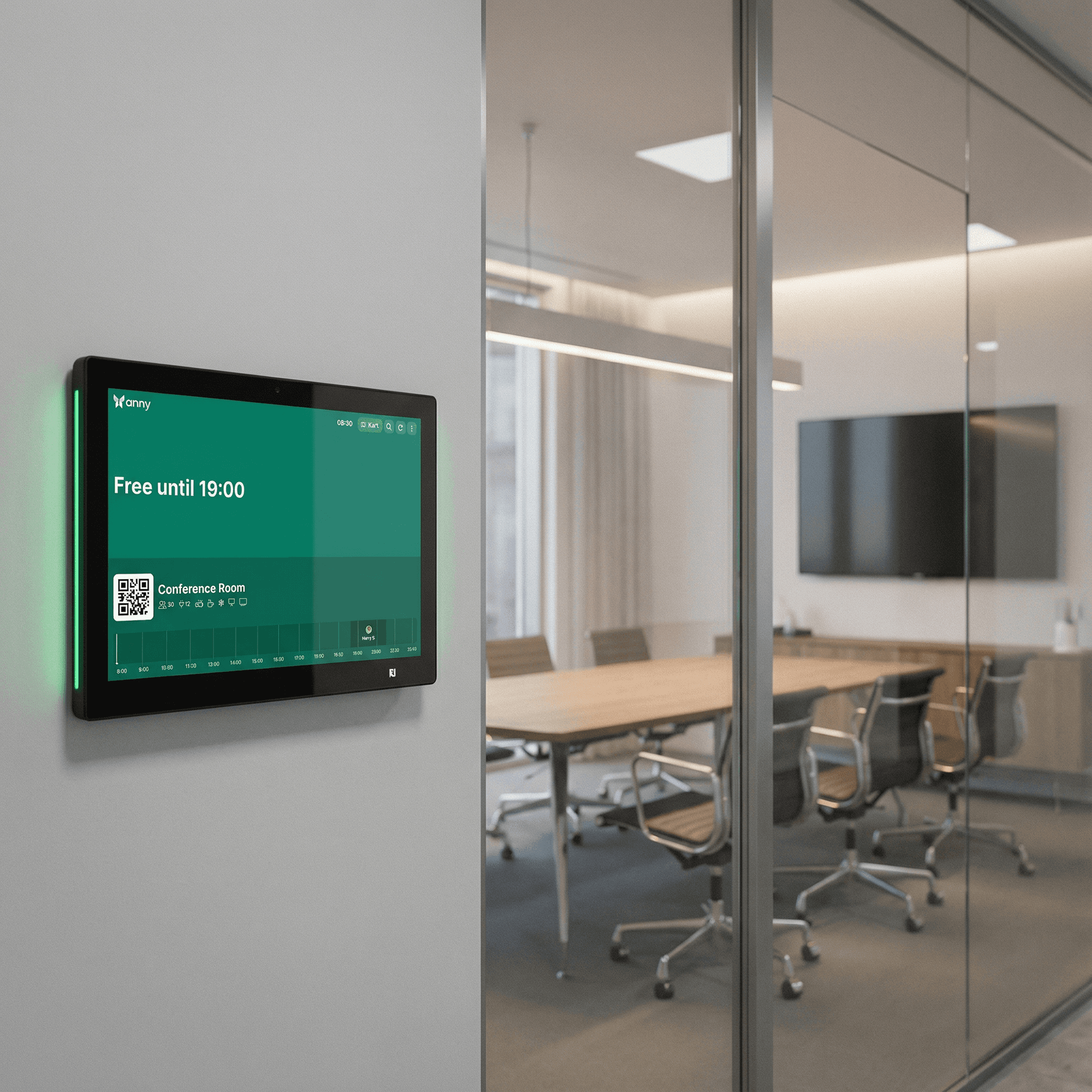 Qbic TD-1070 Lite als Raumdisplay am Meetingraum zeigt Verfügbarkeit im anny Buchungssystem als frei