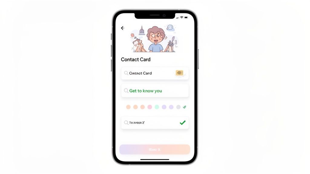 A smartphone displaying a contact card app interface with profile customization options and a colorful design.