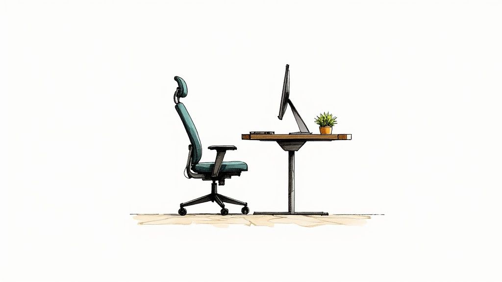 A bright, organized desk with a plant, suggesting a healthy workspace.