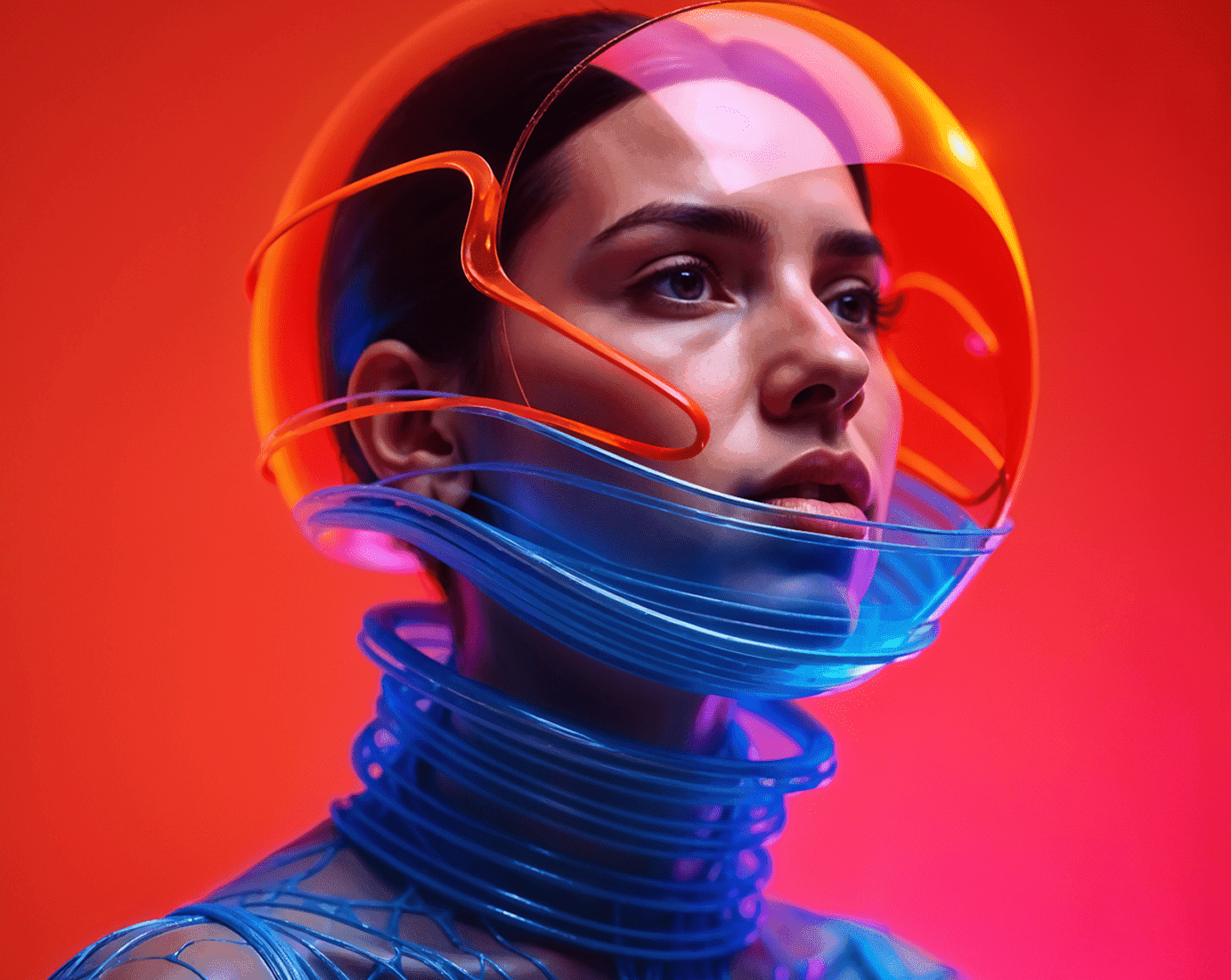 A woman wearing a futuristic helmet illuminated with neon blue and orange lights.