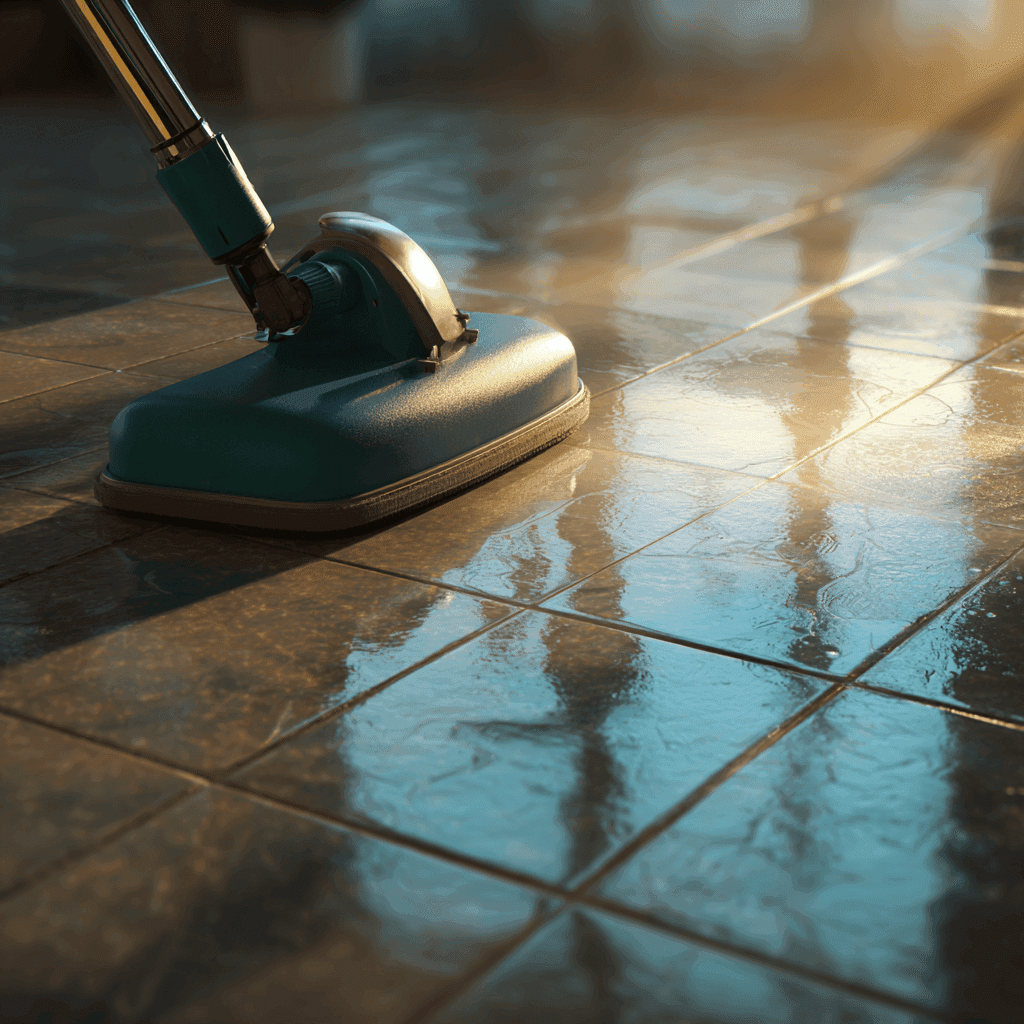A person wearing bright green gloves is cleaning a surface with a cloth and a spray bottle.
