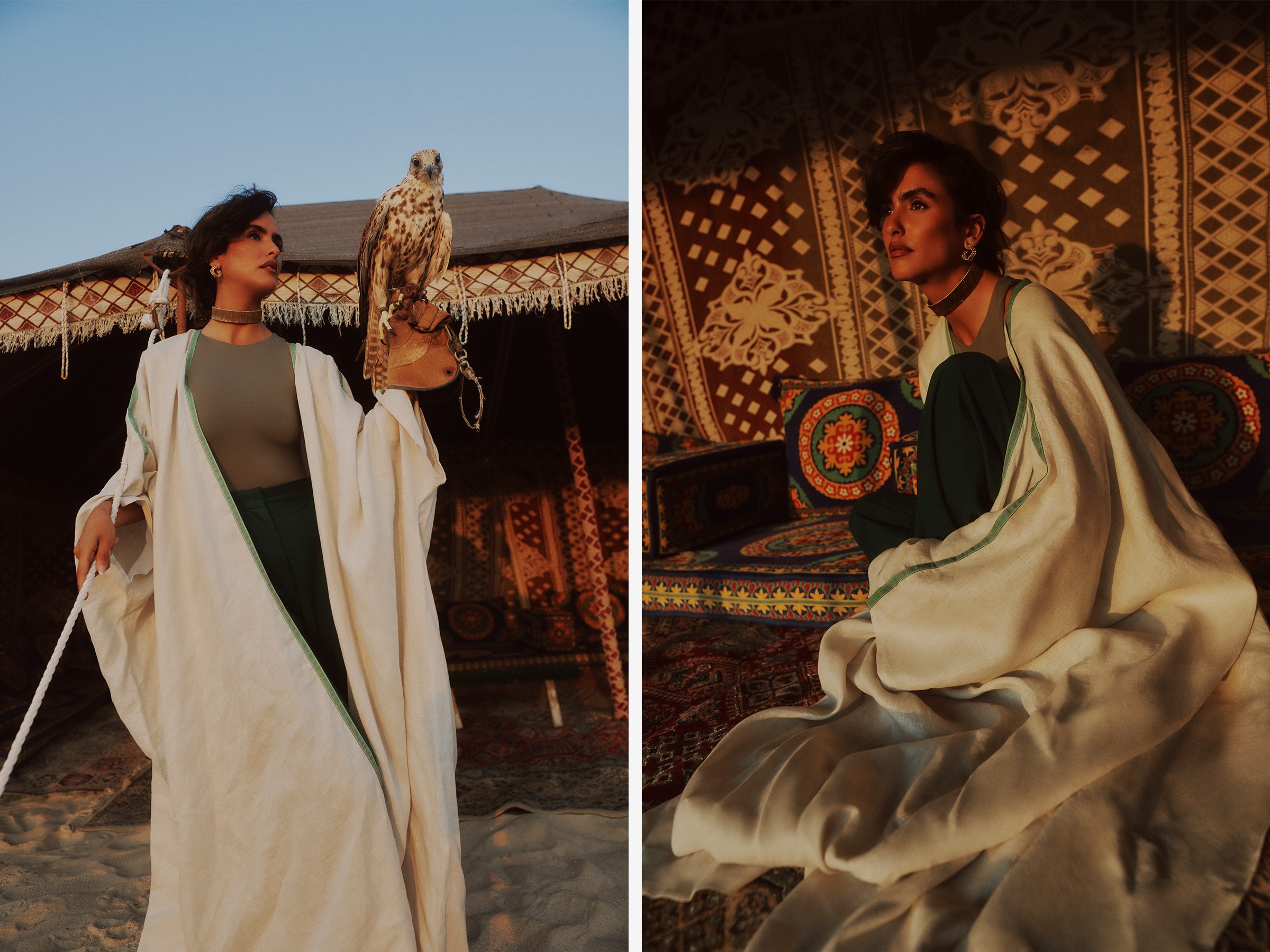 An ivory abaya over green, shown with a falcon in front of a tent and against a patterned backdrop.