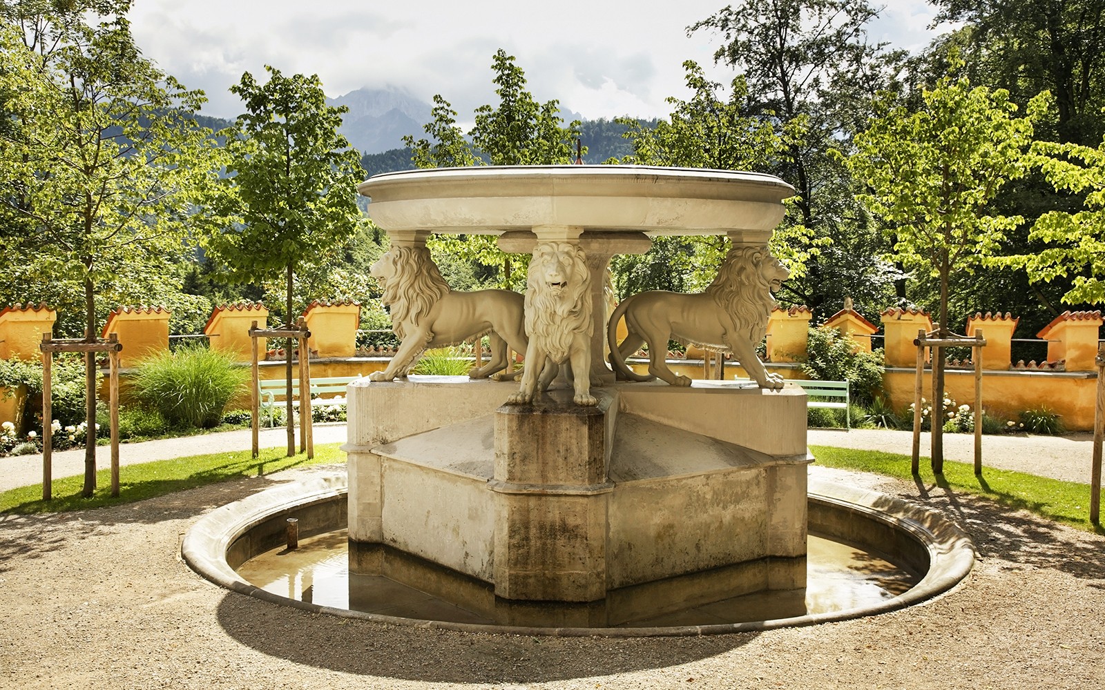 Lion fountain in the garden of Hohenschwangau Castle, Germany.