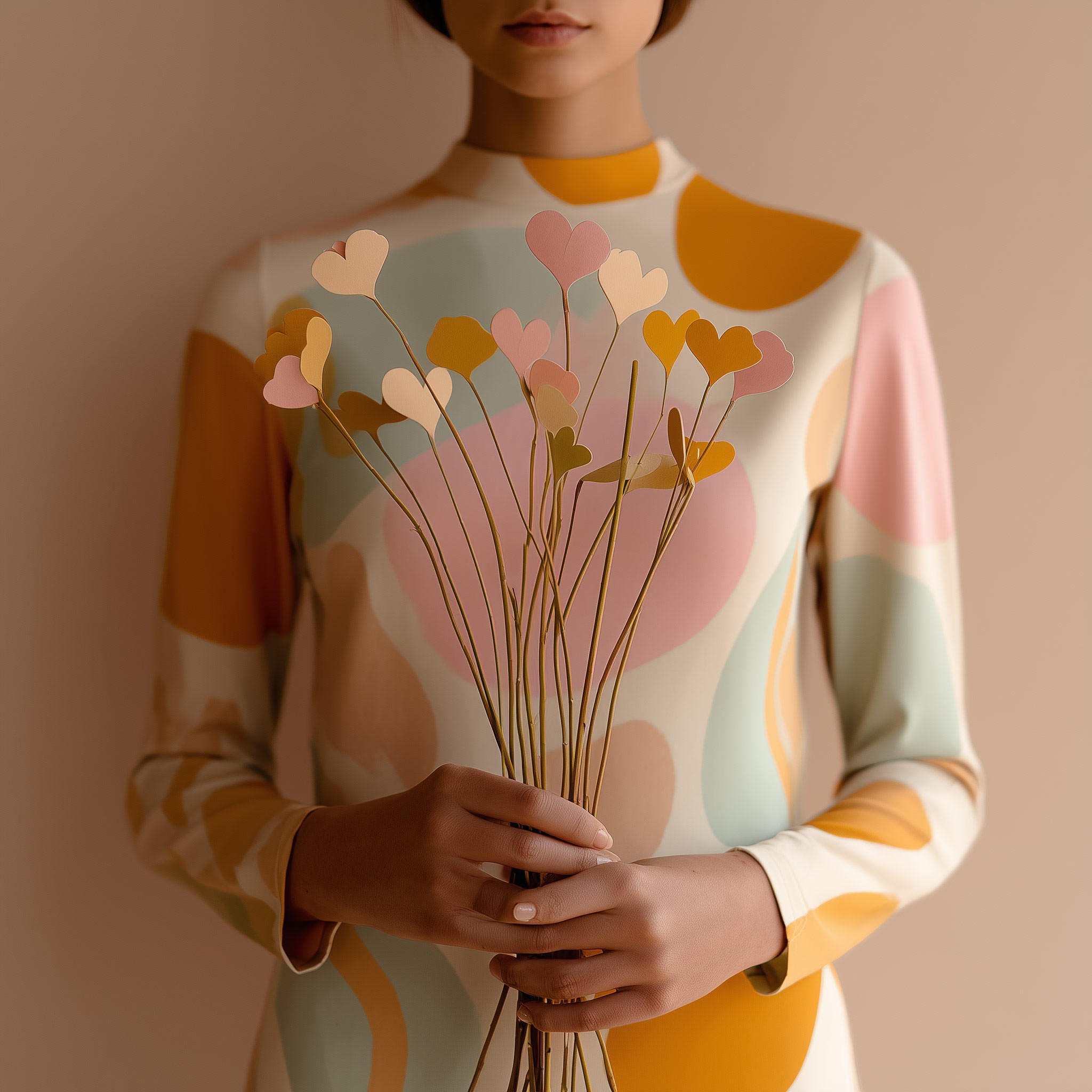 Woman in abstract floral patterned sweater