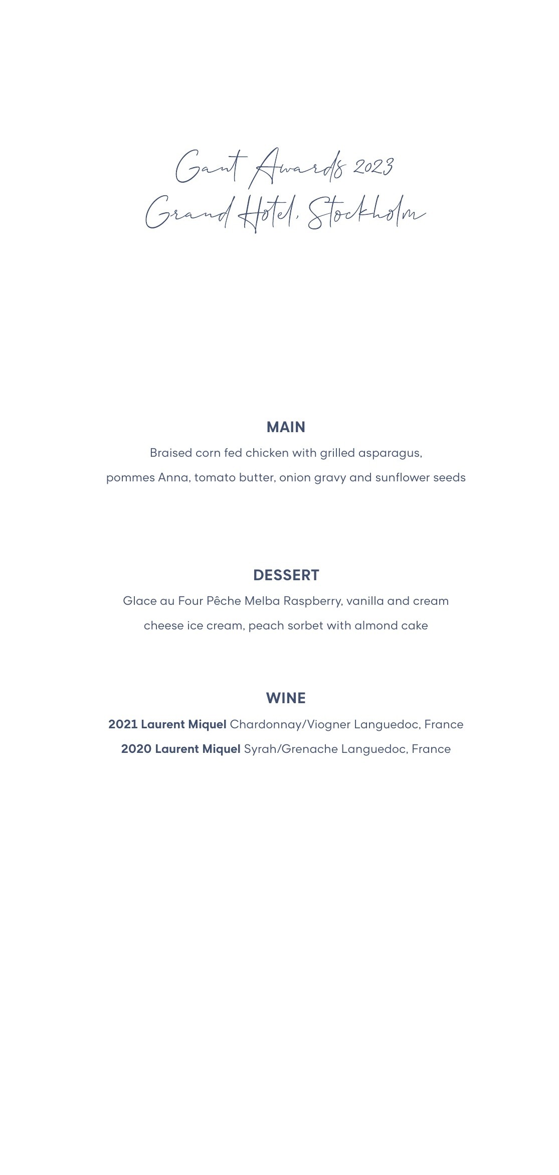 GANT Awards dinner menu with a handwritten title and centred typography