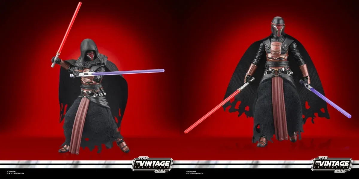 Two picures of the Darth Revan Vintage Collectible figure from Hasbro. Both fitures have Darth Revan in his Mandalorian mask with both purple and red lightsabers