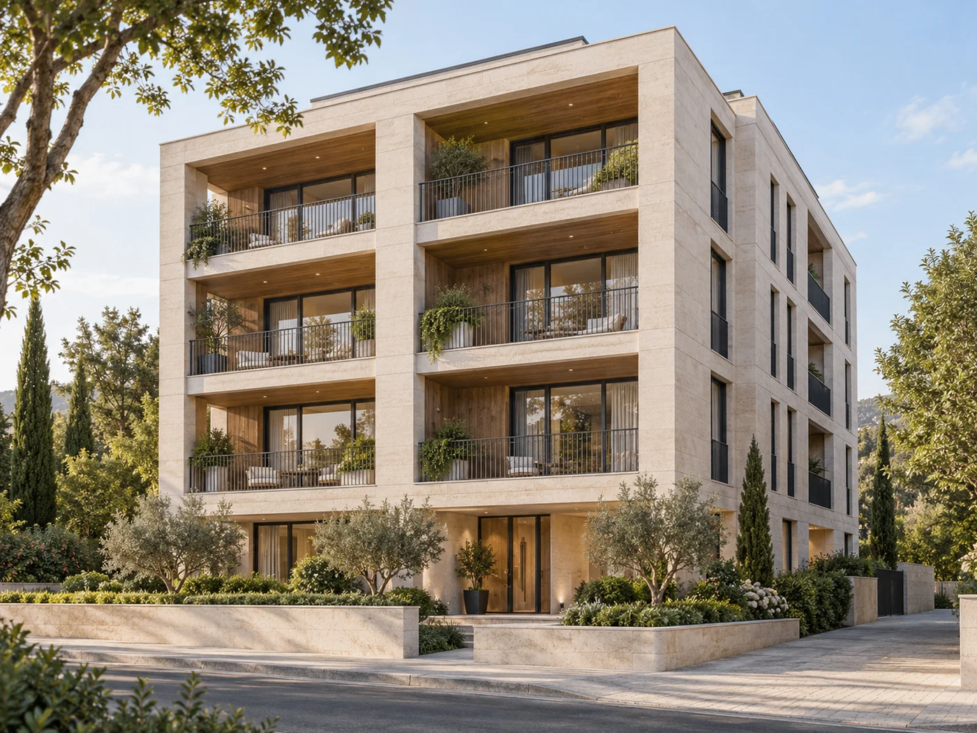 Stone apartment building with deep balconies
