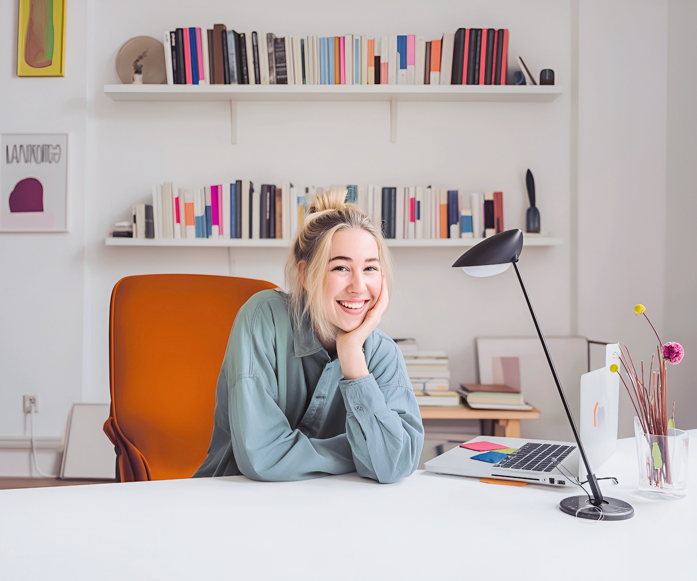Cheerful woman at desk
