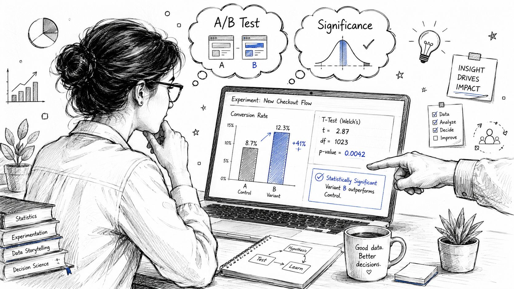 A professional analyzing data from an A/B test experiment results on a laptop screen with statistical significance.