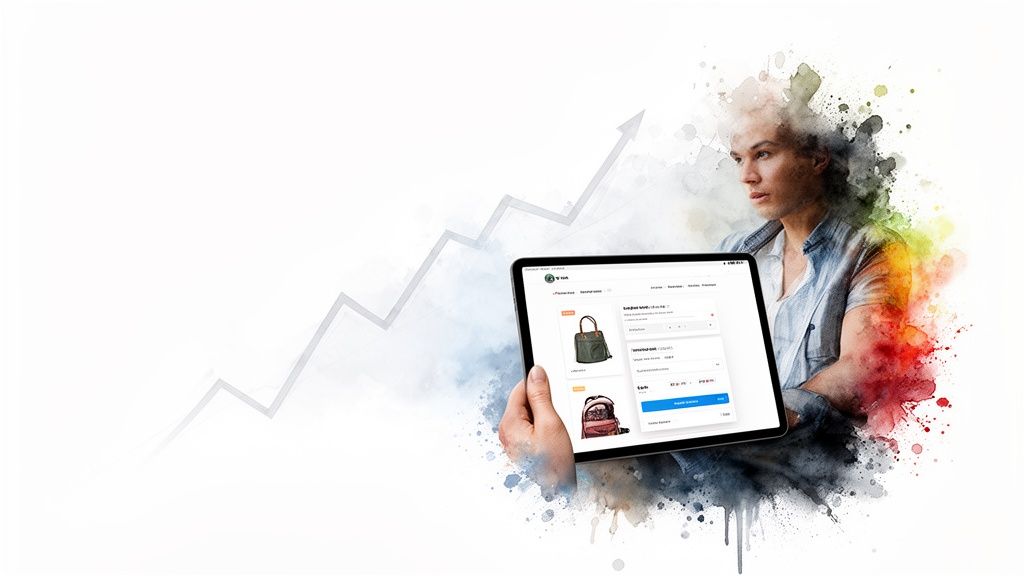 Man holding a tablet displaying an e-commerce site with products, against an upward trend graph.