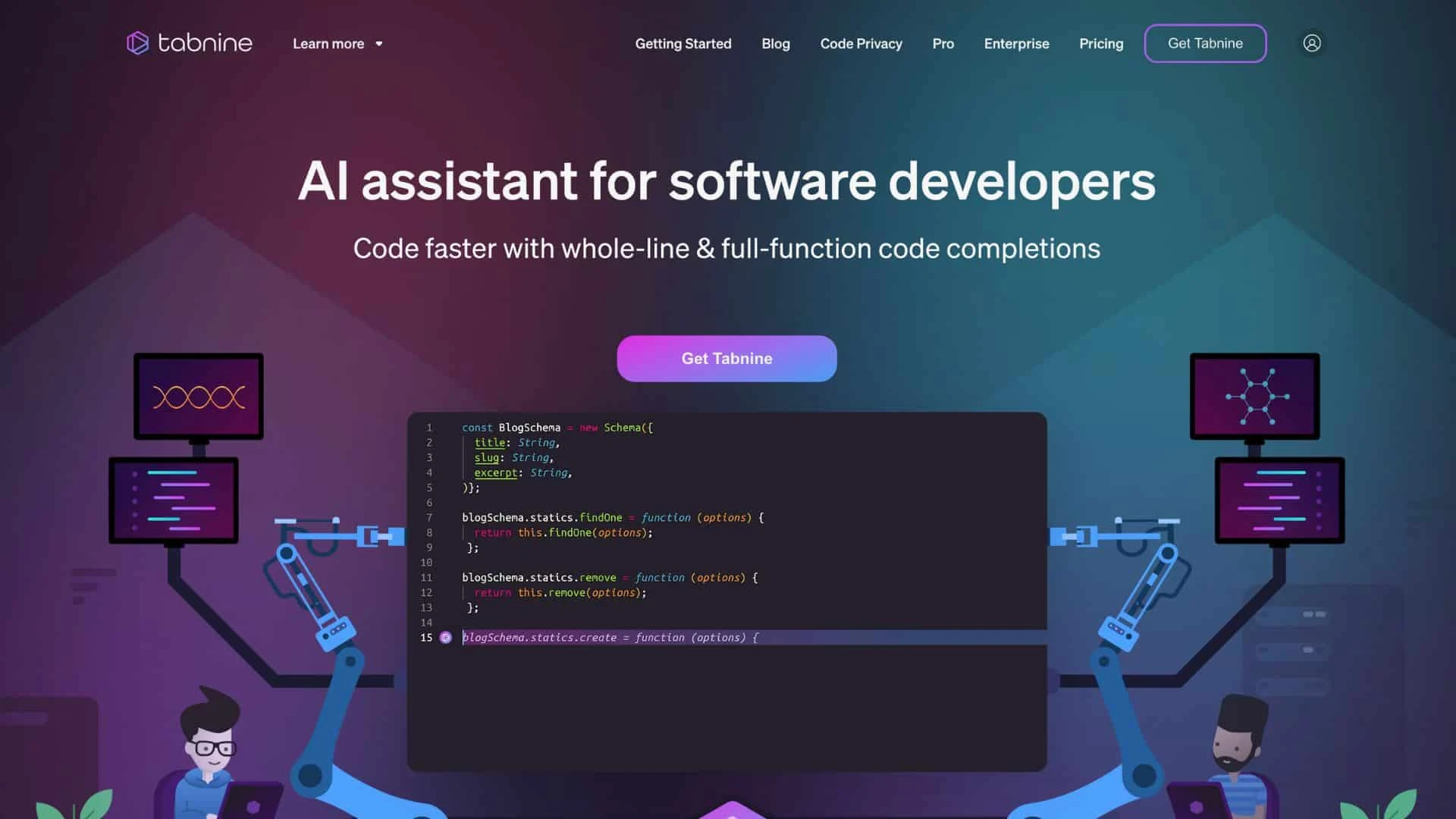 Tabnine homepage featuring AI developer tools and a dark purple code interface.