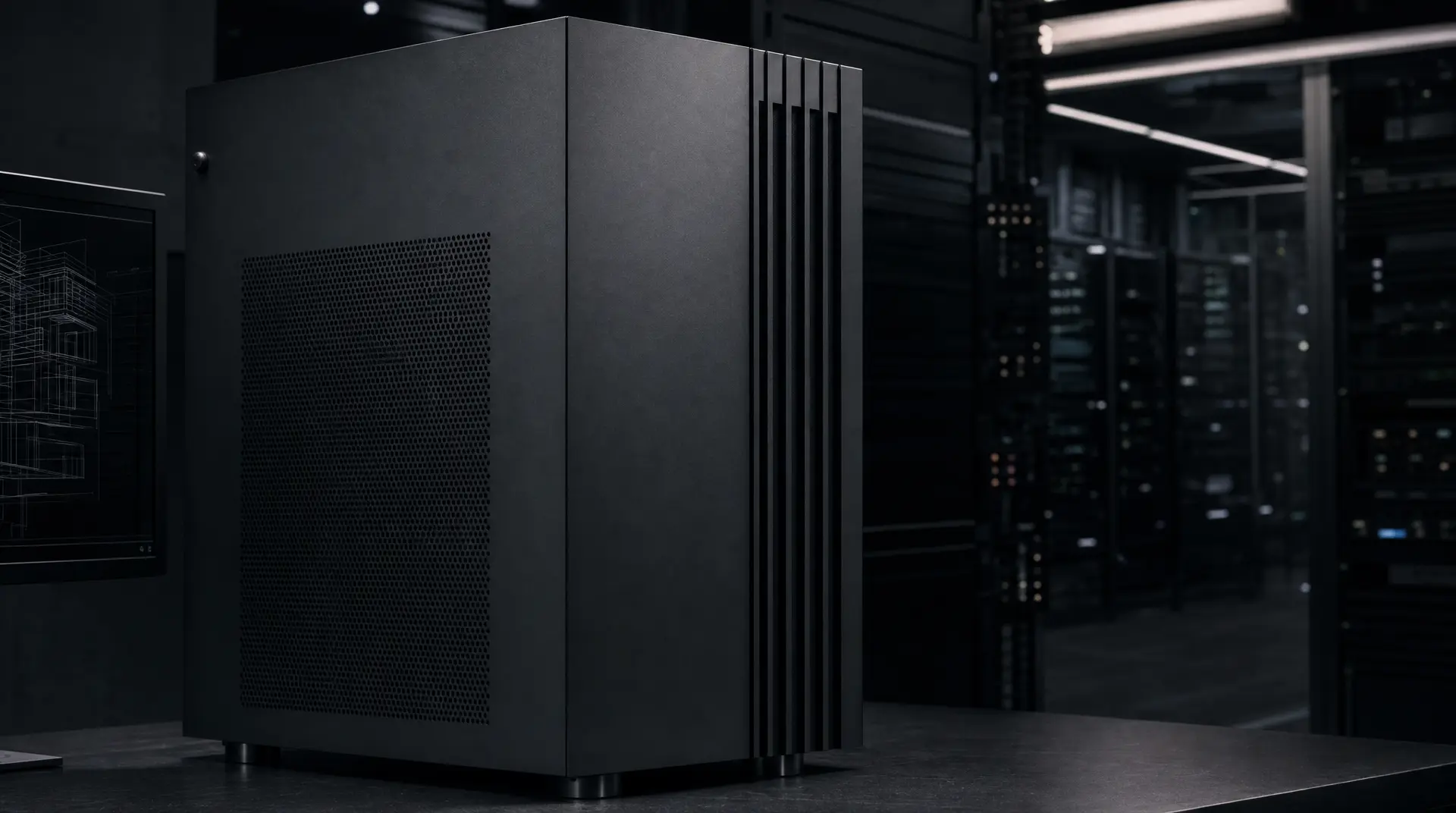 A sleek server cabinet in a dark data center, reflecting brand identity design for modern tech brands.