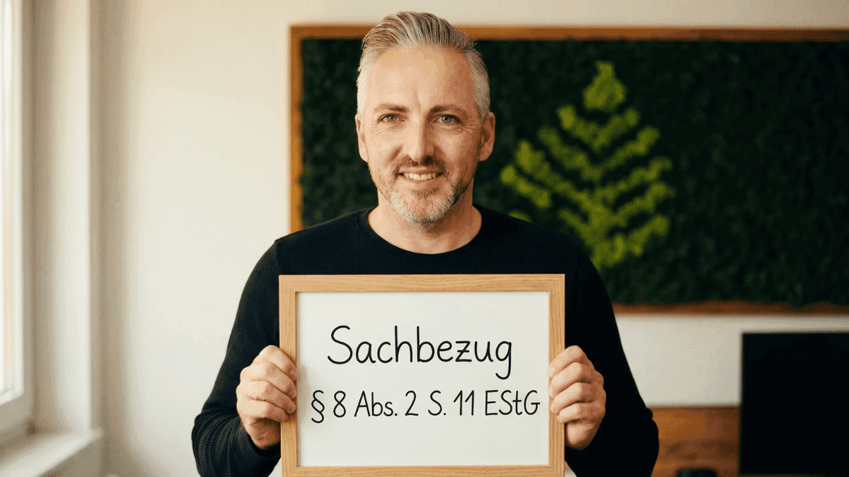 Hannes Weidnorf hält ein Schild in der Hand mit der Aufschrift "Sachbezig §8 Abs. 2"