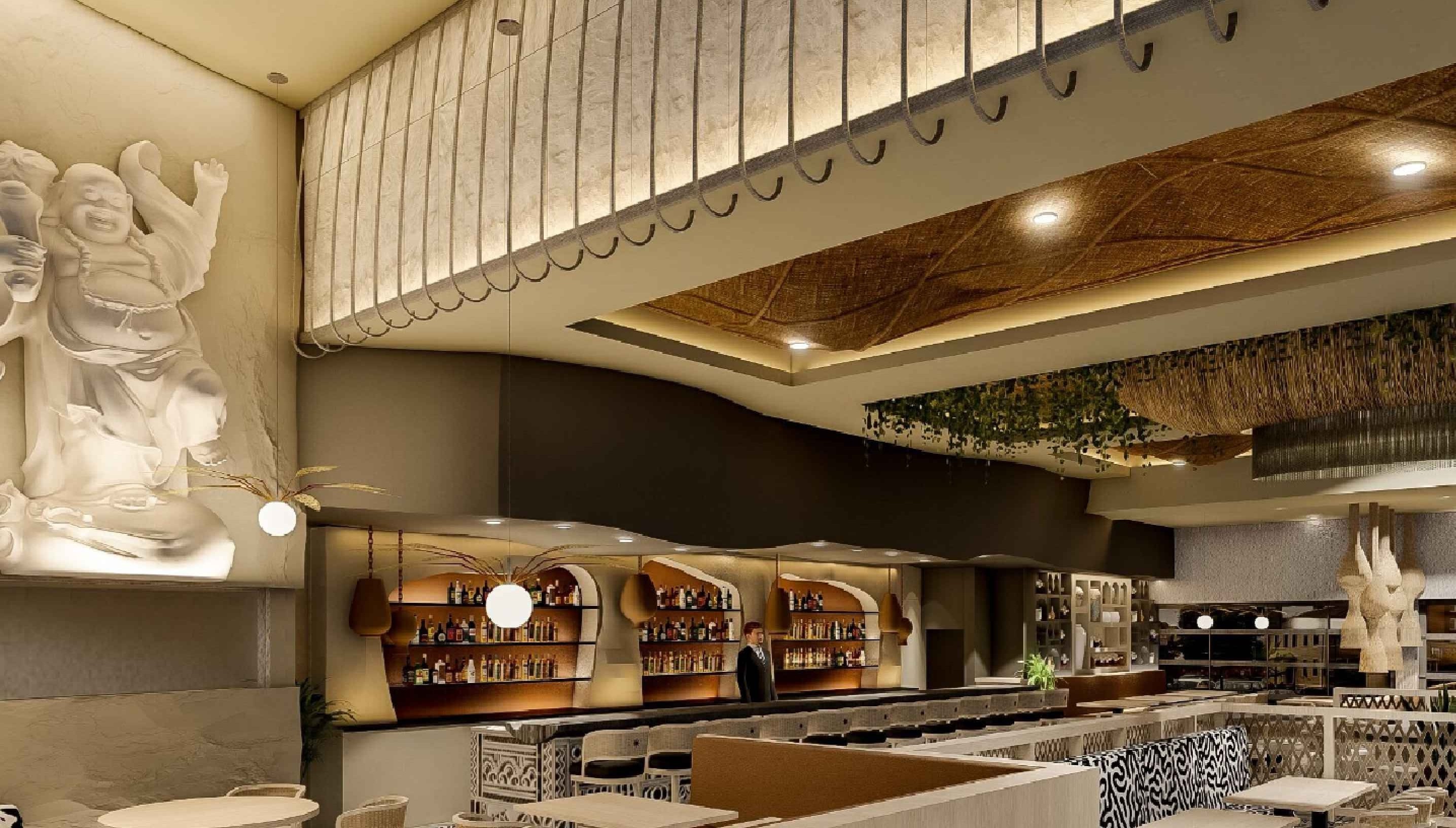 Elegant interior of Dhoom with layered ceiling design, ambient bar lighting, and contemporary Indian decor that showcases the architectural storytelling behind the space.