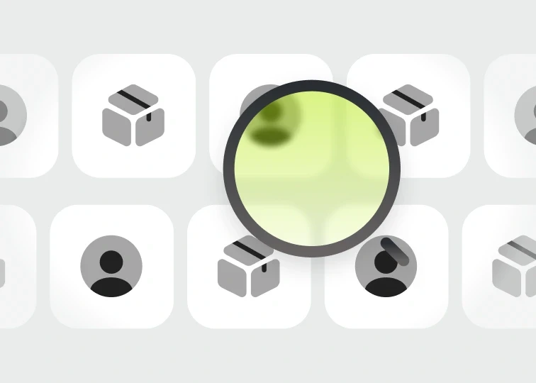 Grid of customer and package icons with a magnifying glass highlighting one area, symbolizing OneAvant’s ability to provide real-time visibility into every customer and order.