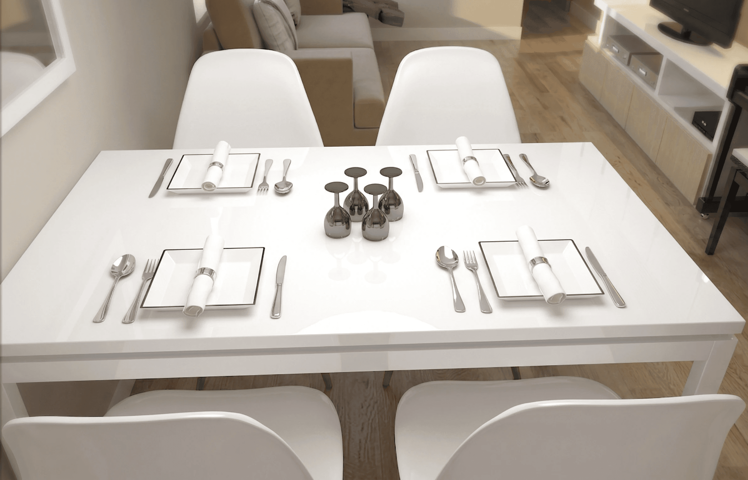 Polished white surfaces reflect soft ambient glows in this Castello residence, showcasing modern home interior designs that favor clean, symmetrical table settings.