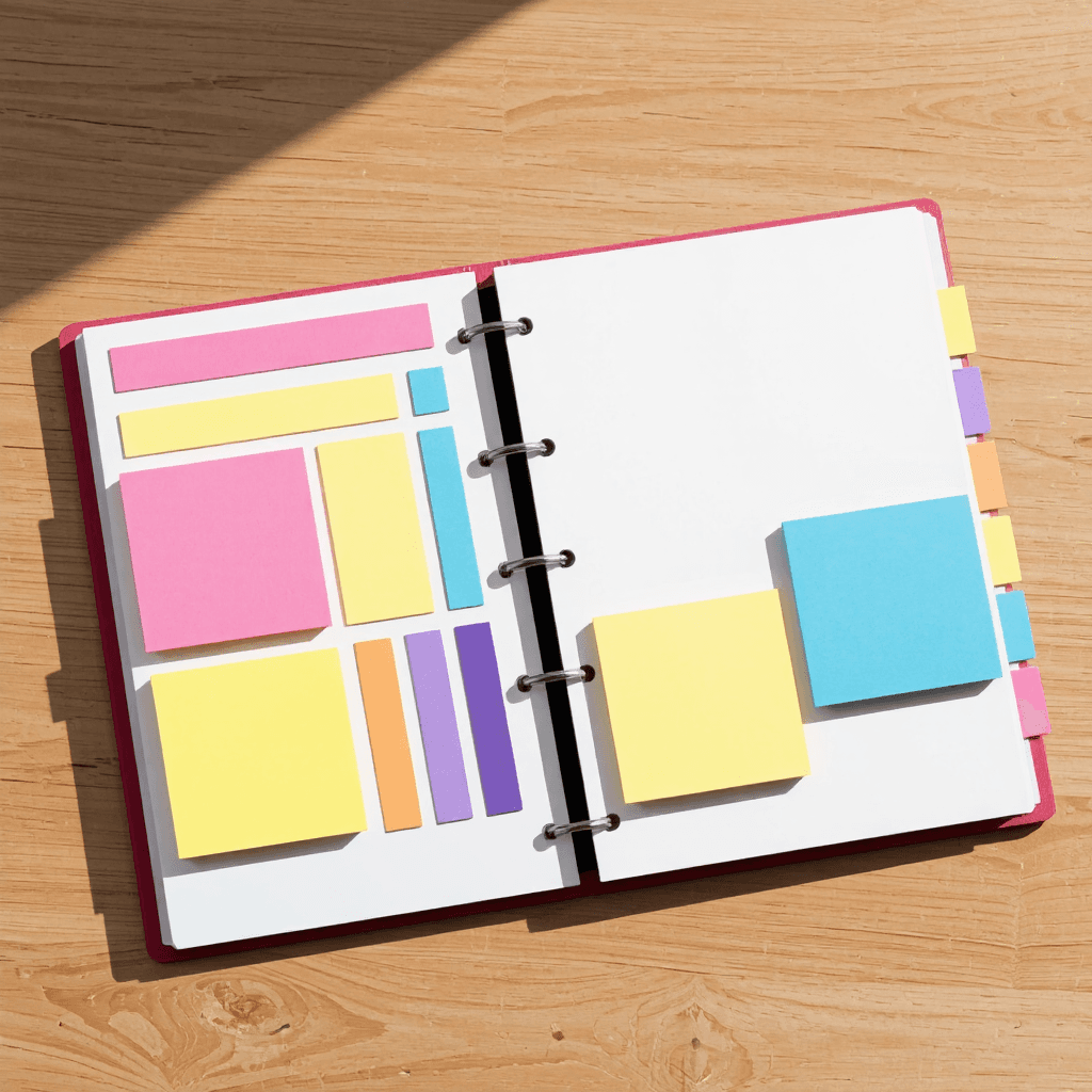 product photography of a set of sticky notes and page markers