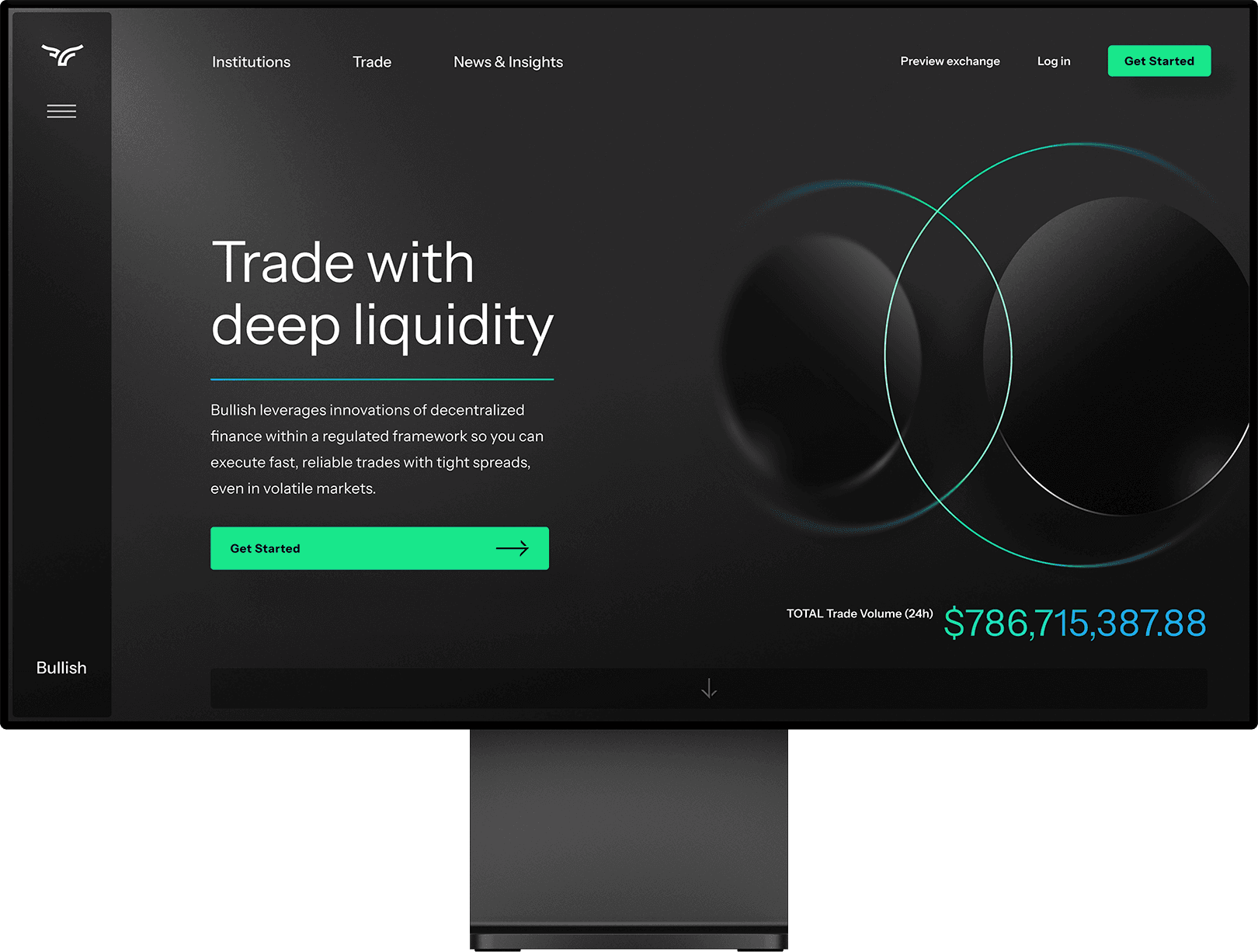 Bullish homepage mockup on large monitor with stand