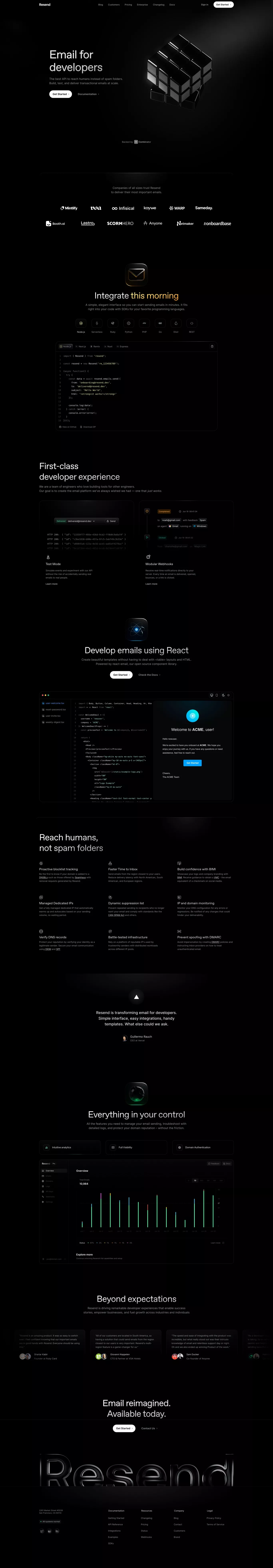 Resend landing page screenshot showcasing Tech design