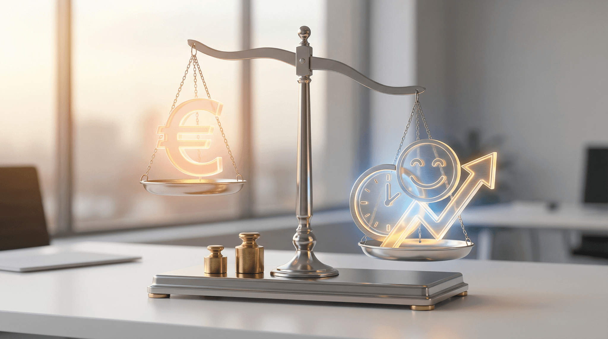 Realistische weegschaal met een euroteken aan één kant en AI-klantenservicevoordelen zoals tijd, tevredenheid en groei aan de andere kant.