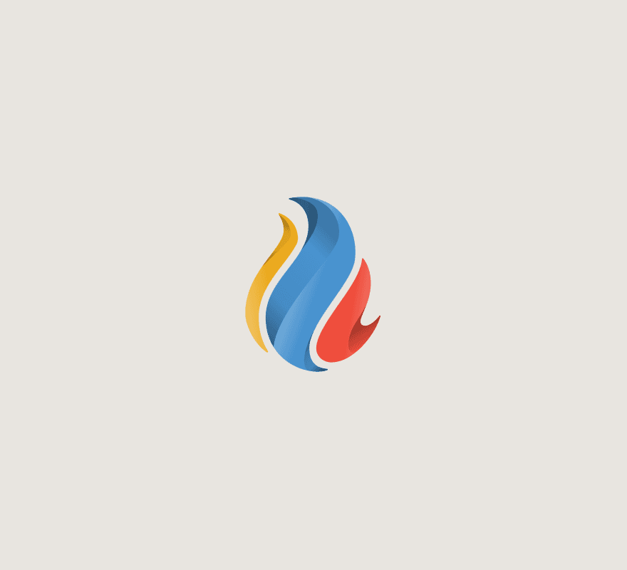 Yellow, blue and red flame logo.