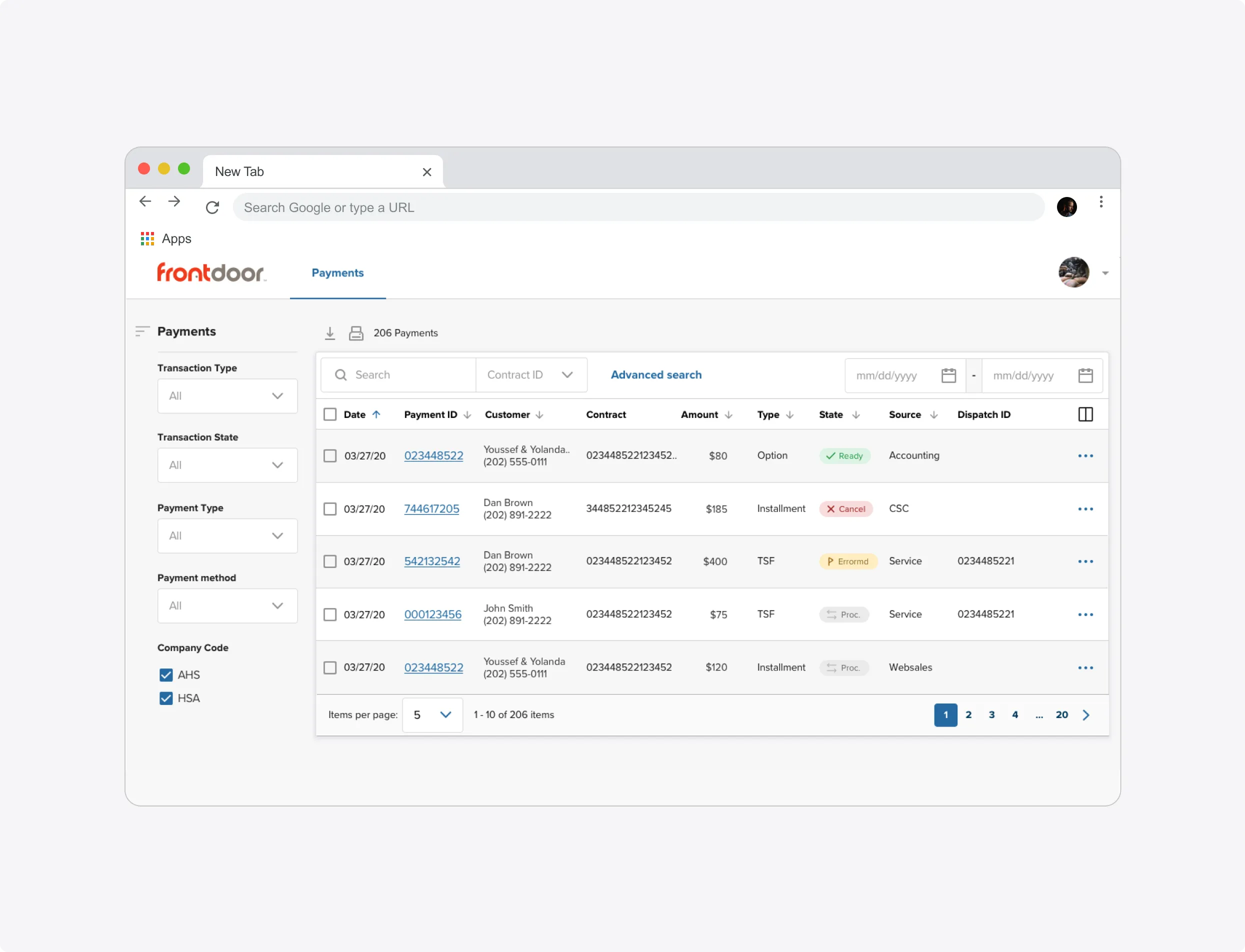 Fontdoor home global payments search table for internal users