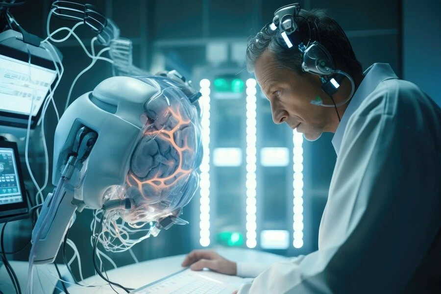 cyber doctor performs a cybernetic brain implant 