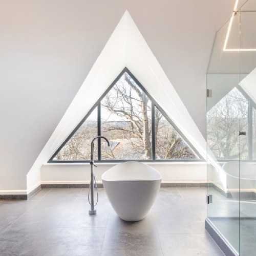 Bathroom image with triangle windows