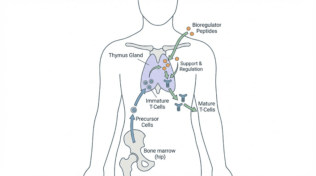 Thymus gland and thymalin bioregulator peptide mechanism