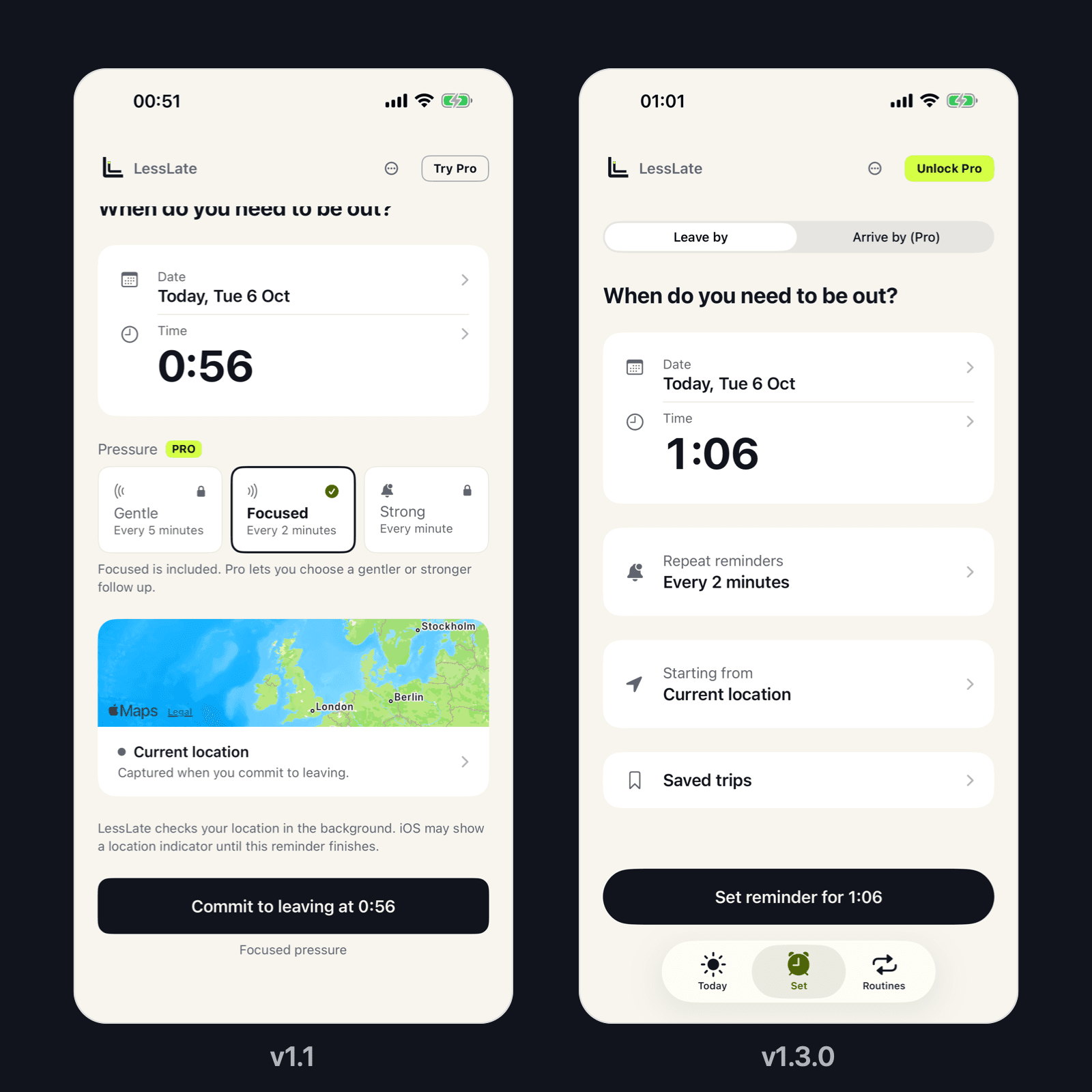 Version 1.1 setup with three Pressure cards beside the simplified version 1.3.0 Set screen.